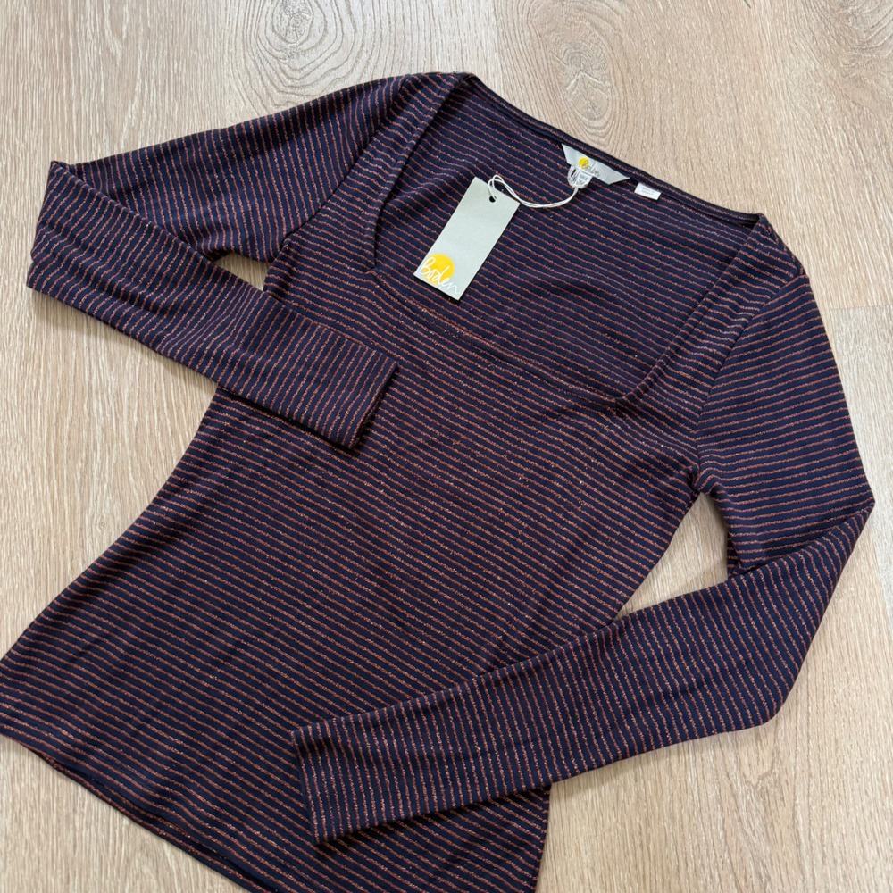 Boden Square Scoop Neck Top Women US 4 Navy Copper Metallic Striped Long Sleeve